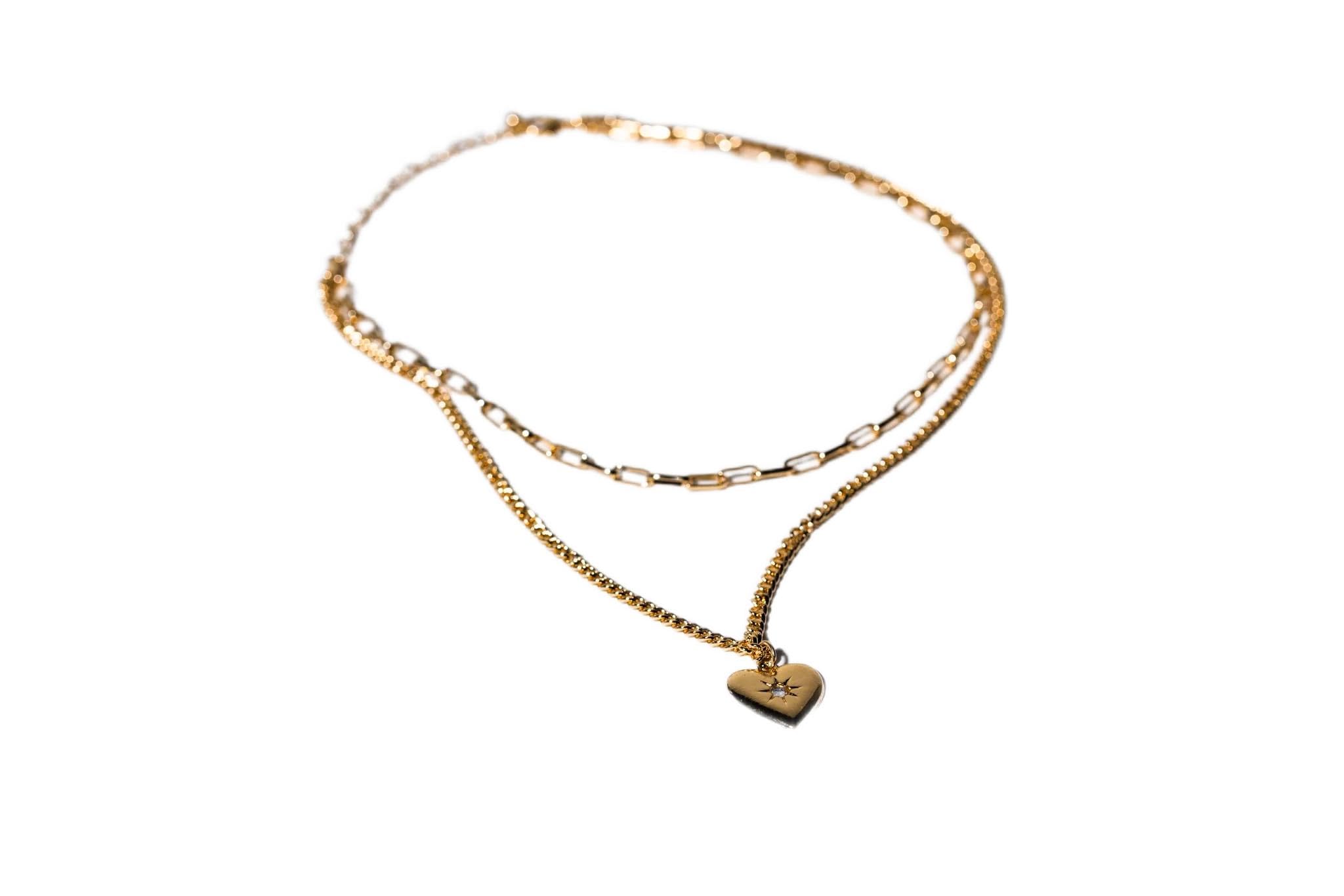 Charming Charlie 2-layered Gold Plated Chain Link Antique Necklace With Heart Pendant Featuring A Moissanite Center - Women's Layering Jewelry And Stackable Necklace.