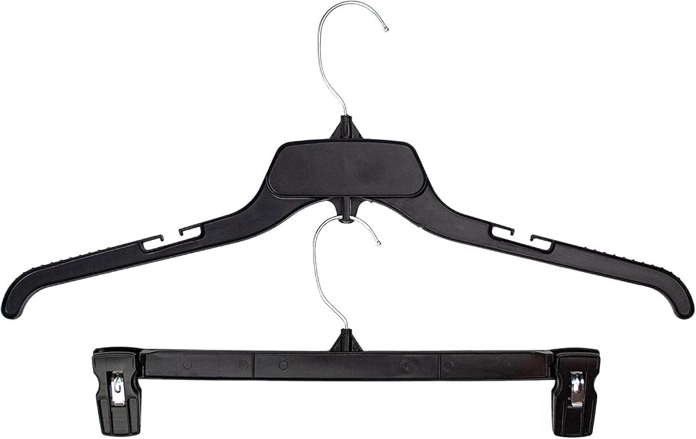 Sales4Less 484-6012 Black Plastic Hangers Combo Set 20 Pack - 17 Inch Shirt Hangers with Notched Shoulders and 12 Inch Pant Clip Hangers - Space Saving Closet Organizer