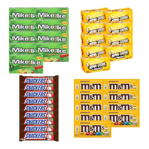 Big TOP DEALS USA 24 Count Candy Variety Pack, 6 Each Mike and Ike Original Fruits, Now and Later Pineapple, Snickers, M&M's Peanut - Individually Wrapped, Fruity Chewy Candy, Single Serve Packs