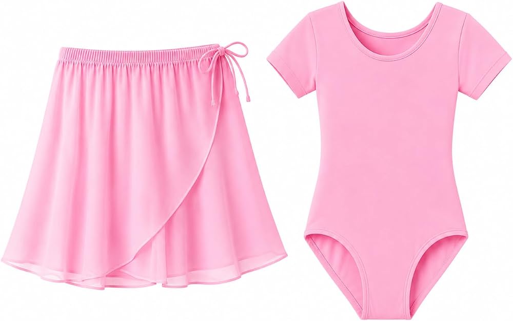 Moret Kids Girls' Ballet and Dance 2-Pack Dance Outfit Set - Pink Chiffon Wrap Skirt & Short Sleeve Leotard Matching Set, Size 8-10
