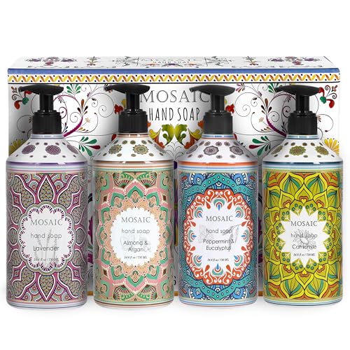 Mosaic Liquid Hand Soap / Wash Gift Set, Ideal Bathroom Kitchen Hand Soap Set ,Lavender + Almond & Argan + Peppermint & Eucalyptus + Camomile , 4 x 24.6 fl oz Each Liquid Soap Bottle