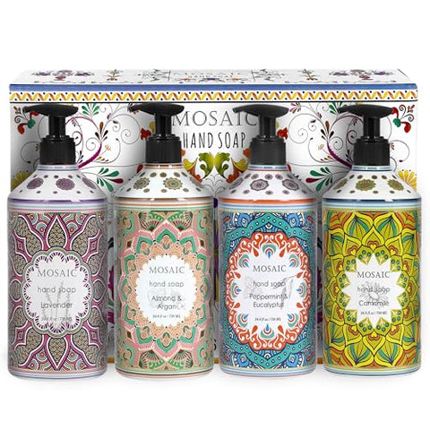 Mosaic Liquid Hand Soap / Wash Gift Set, Ideal Bathroom Kitchen Hand Soap Set ,Lavender + Almond & Argan + Peppermint & Eucalyptus + Camomile , 4 x 24.6 fl oz Each Liquid Soap Bottle