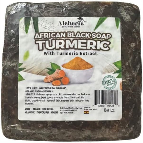 Aleheri'S African Black Soap Turmeric 16 oz - 100% All Natural, Raw Ingredients, From Ghana. For All Skin Types, Helps Rejuvenate, Aids Against Dark Spots, Eczema, Stretch Marks on Face & Body
