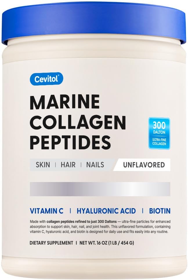 Cevitol Marine Collagen Peptides - Hydrolyzed Ultra-fine Collagen Powder for Women & Men, Hyaluronic Acid, Biotin, Vitamin C, for Skin, Hair, Nails, Joints, Non-GMO, Unflavored, Easily Dissolved, 16oz