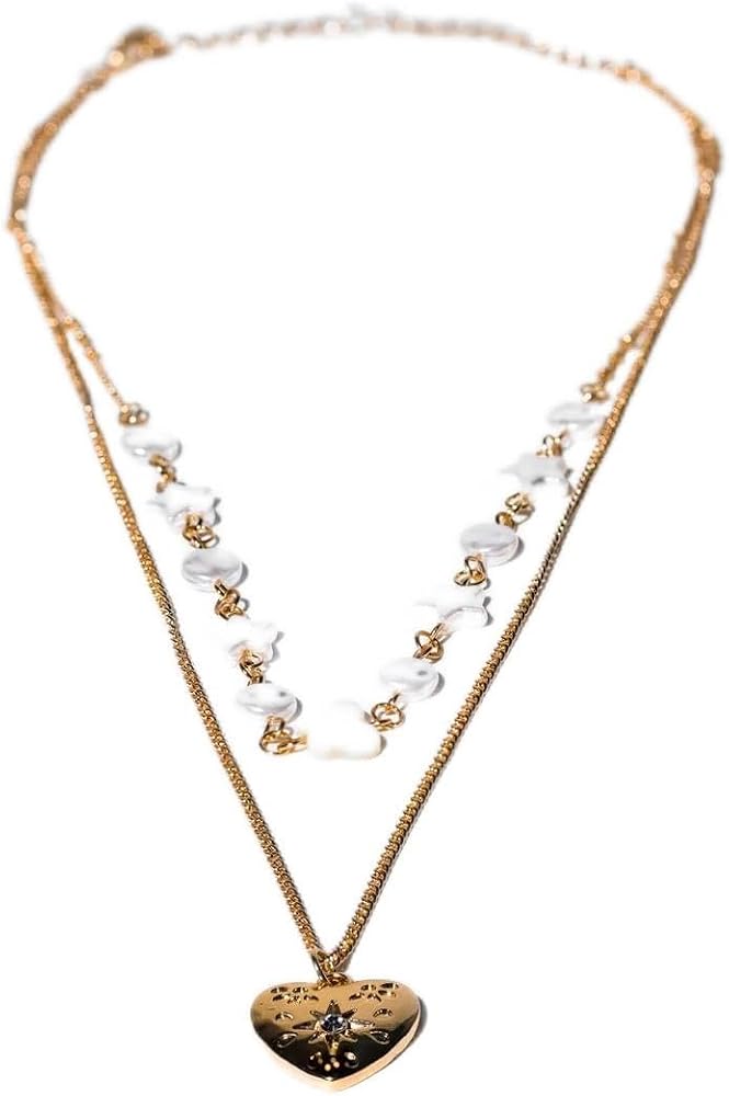 Charming Charlie 2-Layered Gold-Plated Necklace with Beaded Chain and Curb Chain, Adorned with Antique Heart Pendant - Women's Layered Necklace for Timeless Elegance.