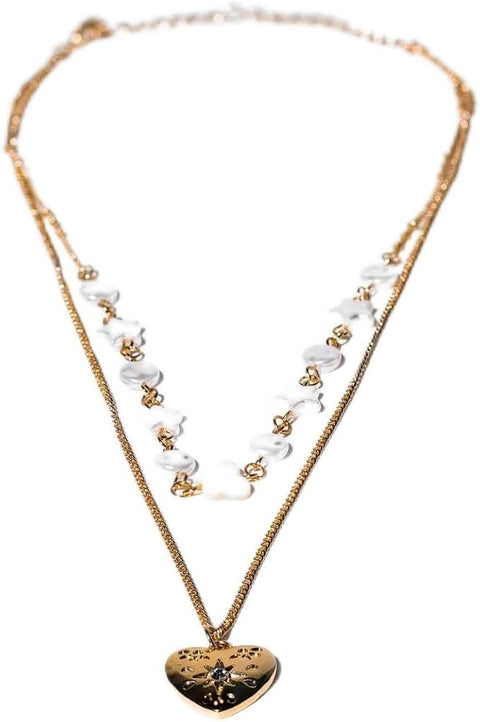 Charming Charlie 2-Layered Gold-Plated Necklace with Beaded Chain and Curb Chain, Adorned with Antique Heart Pendant - Women's Layered Necklace for Timeless Elegance.