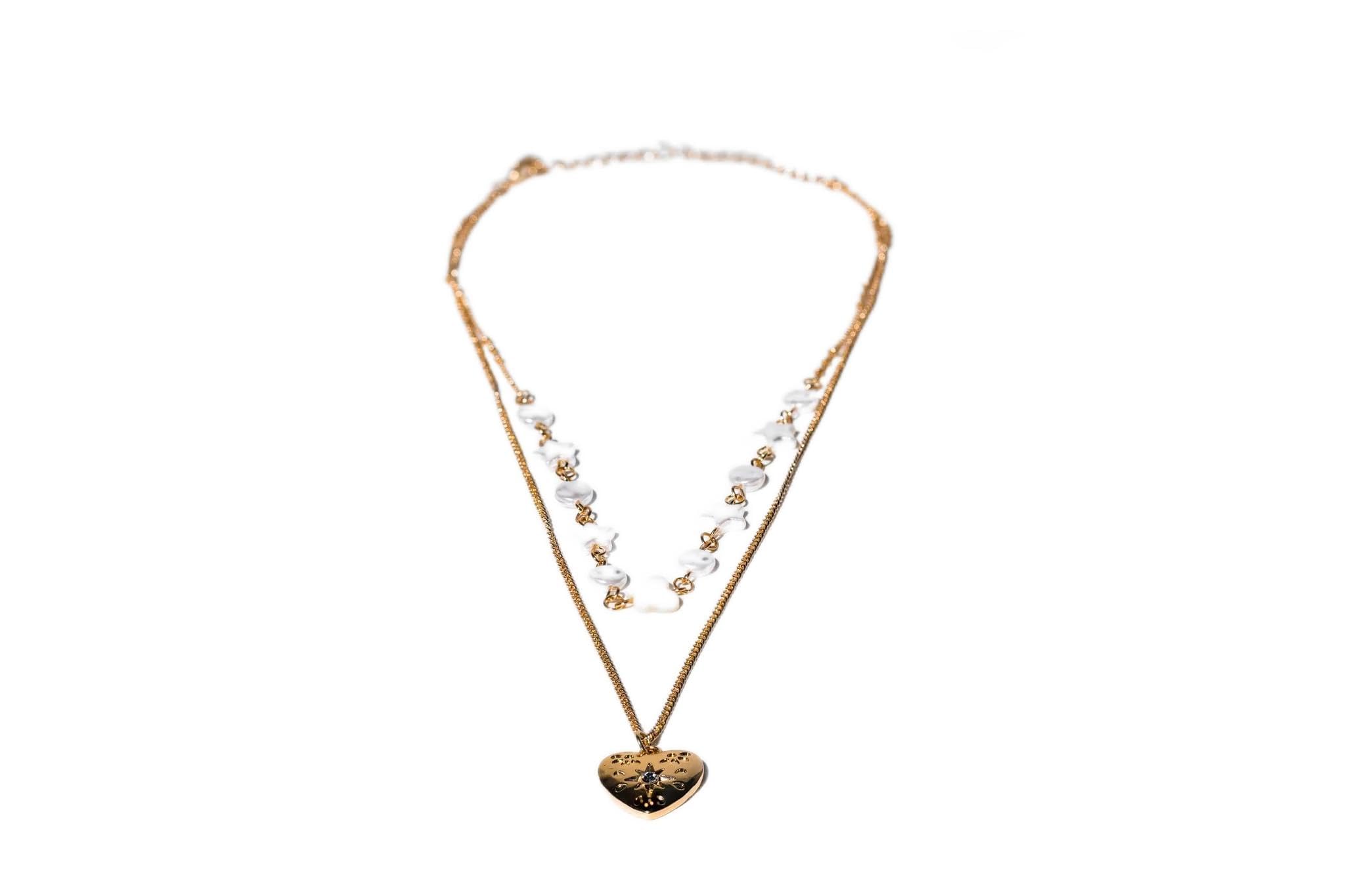 Charming Charlie 2-Layered Gold-Plated Necklace with Beaded Chain and Curb Chain, Adorned with Antique Heart Pendant - Women's Layered Necklace for Timeless Elegance.