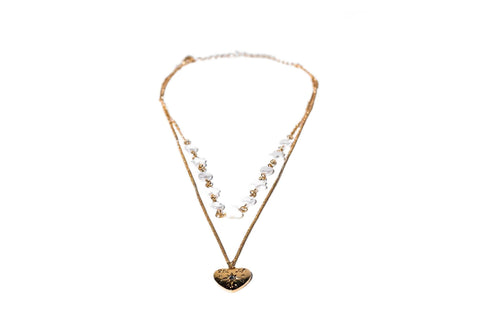 Charming Charlie 2-Layered Gold-Plated Necklace with Beaded Chain and Curb Chain, Adorned with Antique Heart Pendant - Women's Layered Necklace for Timeless Elegance.