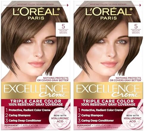 L'Oreal Paris Excellence Crème Permanent Hair Dye, Triple Care Hair Color with Hyaluronic Acid for 100% Gray Coverage, 5 Medium Brown, 1 Kit (Pack of 2) (Packaging May Vary)