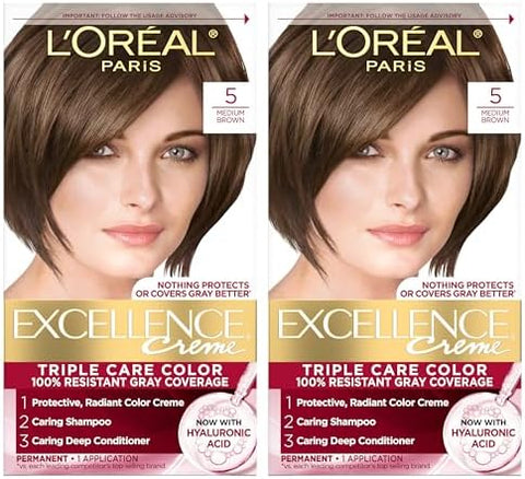L'Oreal Paris Excellence Crème Permanent Hair Dye, Triple Care Hair Color with Hyaluronic Acid for 100% Gray Coverage, 5 Medium Brown, 1 Kit (Pack of 2) (Packaging May Vary)