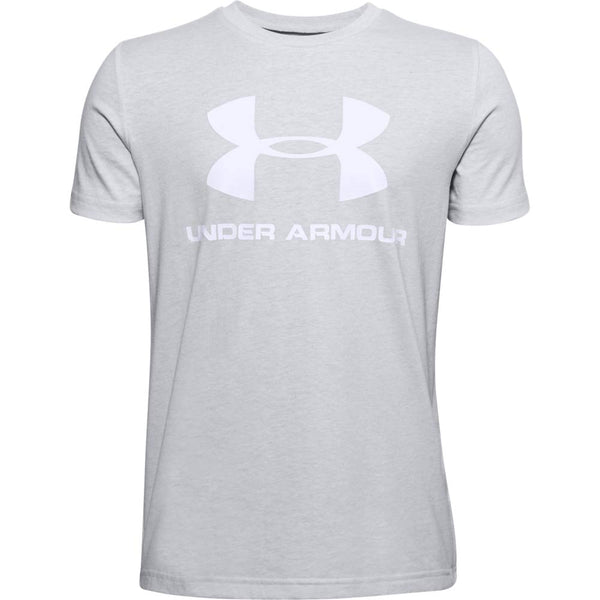 Under Armour Sportstyle Logo Shorts Sleeve T-shirt, Halo Gray Light Heather (014)/White, Youth X-Small