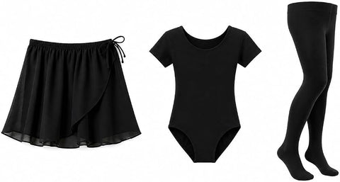 Moret Kids Girls' Ballet and Dance 3-Pack Complete Dance Outfit Set - Black Chiffon Wrap Skirt, Short Sleeve Leotard & Footed Tights Matching Set, Size 12-14