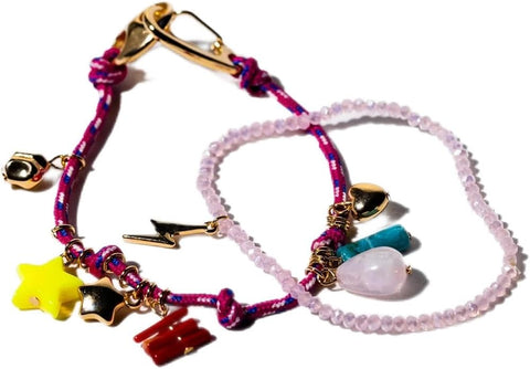 Charming Charlie Set of 2 Pink Bracelets - Women's Bracelet Set with Gold-Plated Lightning Bolt Charm and Assorted Stone Charms, Stackable Style and Versatility.