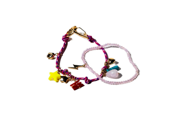 Charming Charlie Set of 2 Pink Bracelets - Women's Bracelet Set with Gold-Plated Lightning Bolt Charm and Assorted Stone Charms, Stackable Style and Versatility.