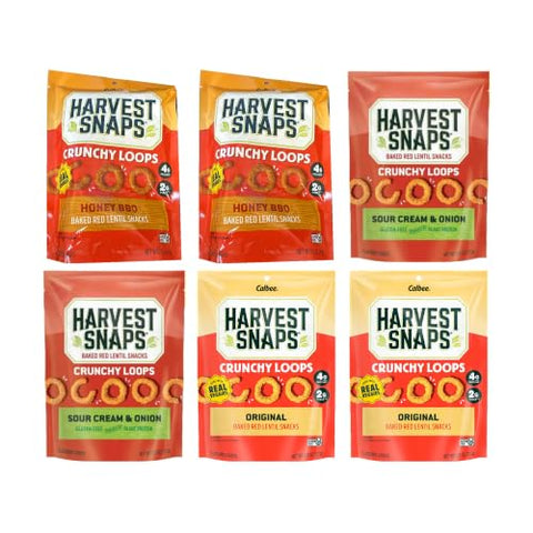 Big Top Deal USA Variety 6 Pack Crunchy Loops Mix, Honey BBQ, Sour Cream & Onion, Original, Harvest Snaps, Baked Veggie Chips, Gluten Free, Plant Protein, Snack Crisps
