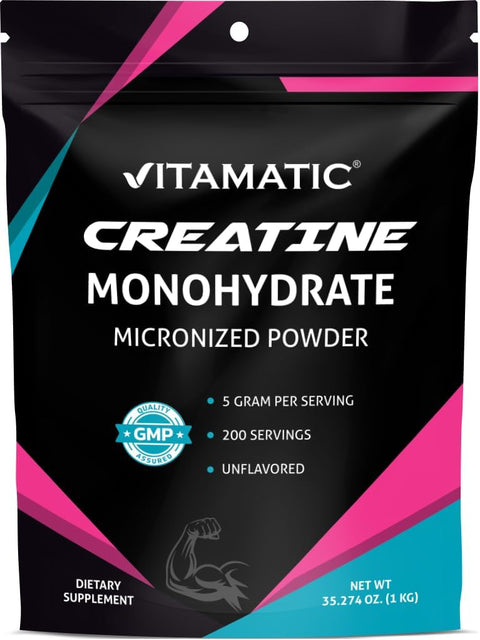 Vitamatic Creatine Monohydrate Powder – 5000 mg Per Serving, 1 kg, Unflavored, Micronized Creatine Supplement, Vegan, Non-GMO, Gluten Free