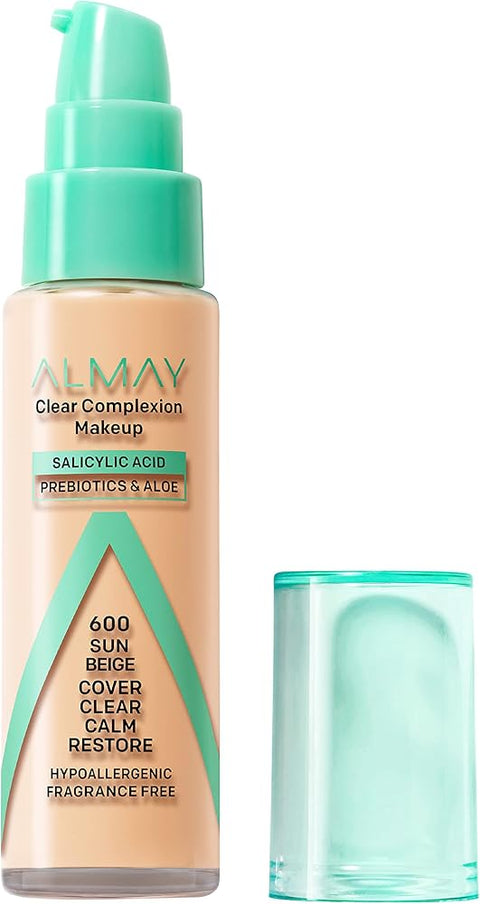 Almay Clear Complexion Acne Foundation Makeup with Salicylic Acid, Medium Coverage, Soft Matte Finish, Hypoallergenic, Cruelty- & Fragrance-Free, Dermatologist Tested, 600 Sun Beige, 1 fl oz