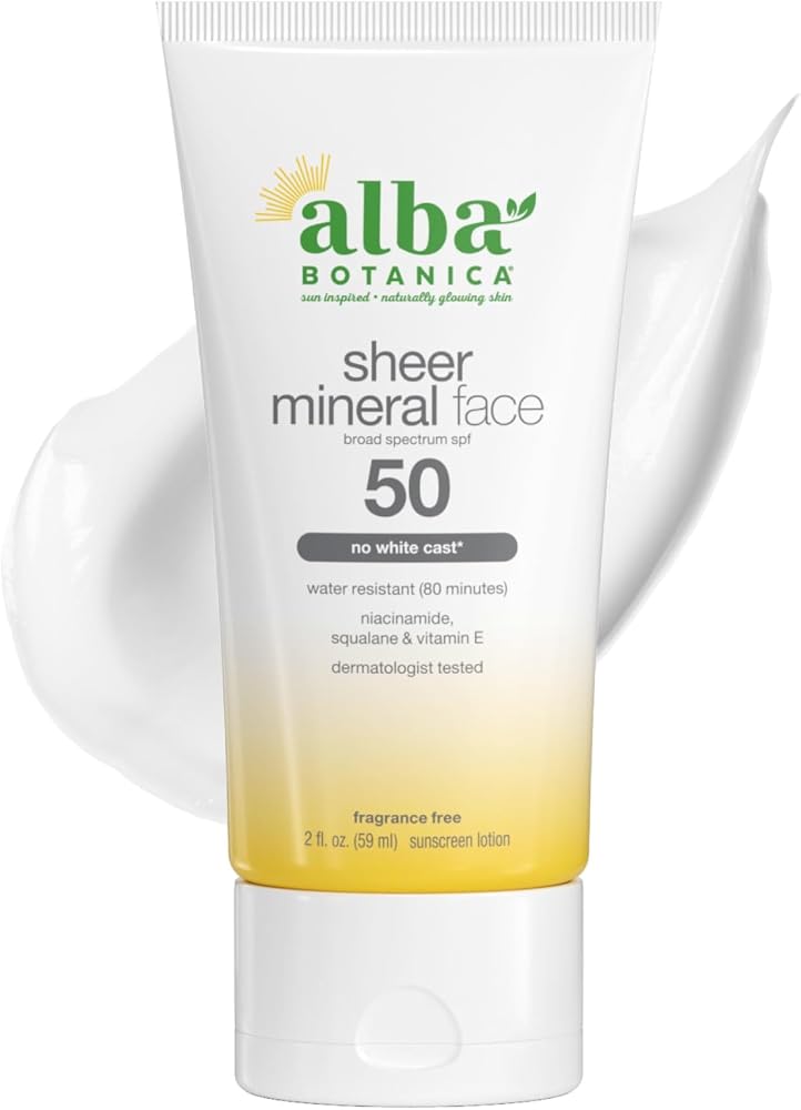 Alba Botanica Sunscreen for Face, Fragrance-Free Sheer Mineral Face Sunscreen Lotion, Broad Spectrum SPF 50, Water Resistant and Biodegradable, 2 fl. oz. Bottle (Packaging May Vary)