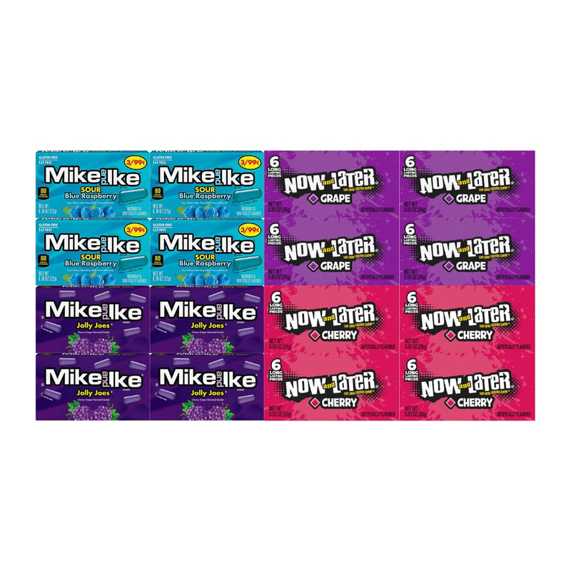 Assorted Candy Mix Variety Pack – Includes 2 Flavors of Mike and Ike Sour Blue Raspberry, Jolly Joes & 2 Flavors of Now and Later Grape, Cherry – 4 Each Flavor – Bulk 16 Pack for Parties, Snacks & Gifts