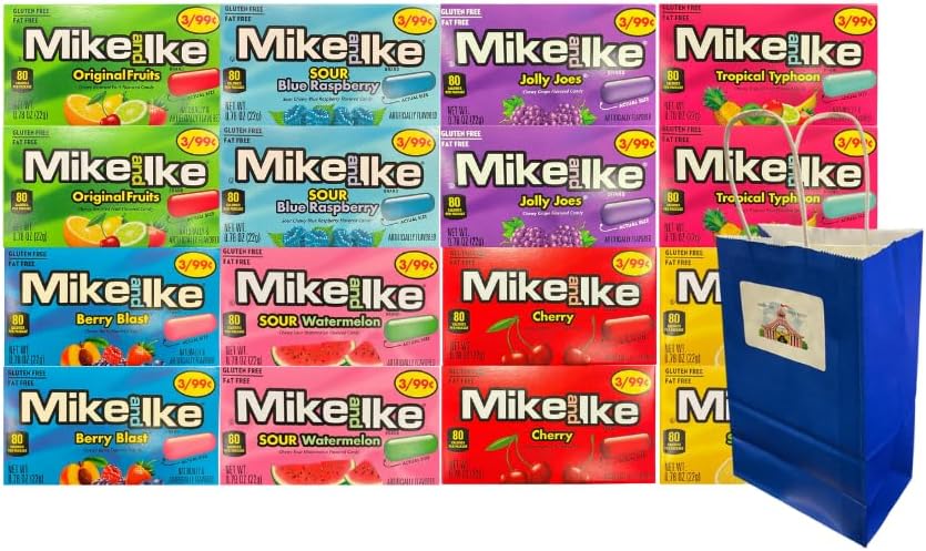 Variety Pack Mike and Ike Candy 16 Pack Assortment, 0.78 oz Each, 2 Each of 8 Flavors, Party Favors, Gift Bag, Snacks for Kids and Adults, Includes Blue Paper Treat Bag, Bulk Candy Pack