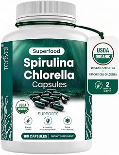 Organic Spirulina and Chlorella Capsules – 180 Chlorophyll Pills, Blue Green Algae Powder Capsules to Support Detox, Mitochondria & Energy– 3X More Chlorella Spirulina Powder/Serving