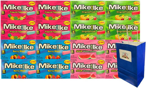Candy Assortment Mike And Ike, Chewy Fruit - 4 Flavors, Sour Watermelon, Tropical Typhoon, Original Fruits, Berry Blast - 4 Each Flavor, 0.78 Oz, 16 Pack - For All Ocassion