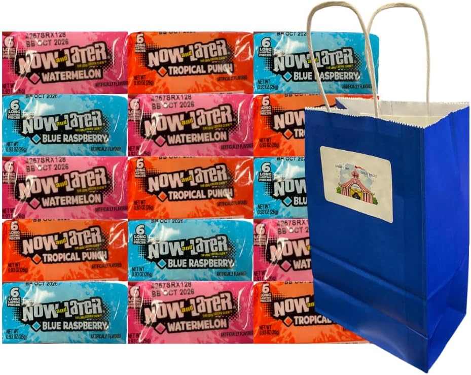 Variety Pack Now and Later Candy 15 Count, 0.93 oz Each, 3 Flavor Assortment with Blue Paper Gift Bag 5.25x3.2x8 Inch, Individually Wrapped Fruit Chews for Parties, Gifting, Snacking