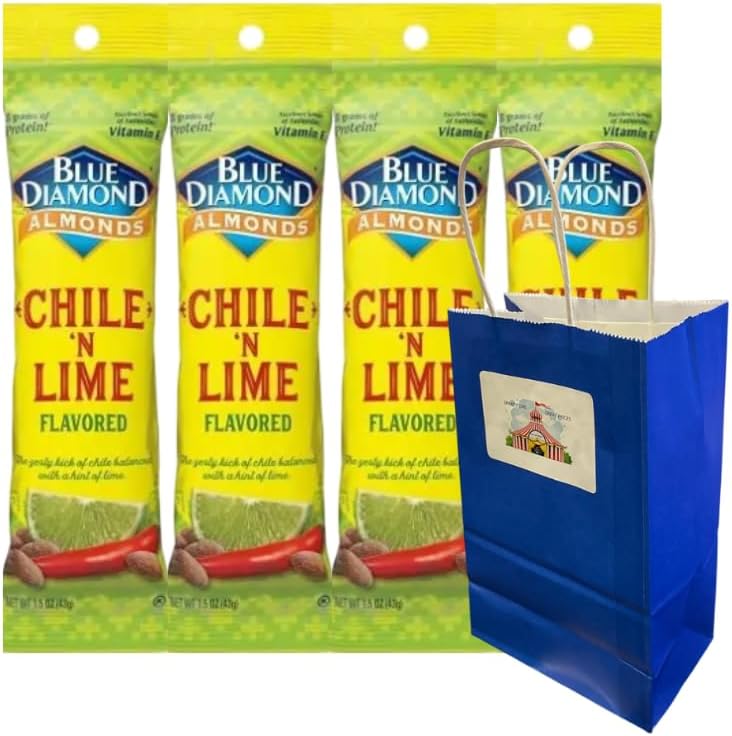 Snack Pack Diamond Chile 'n Lime Almonds 4-Pack, 1.5 oz Snack Bags with Blue Paper Gift Bag Included – Spicy Protein Nuts On-the-Go, Crunchy Healthy Snacks for Travel, Work, School