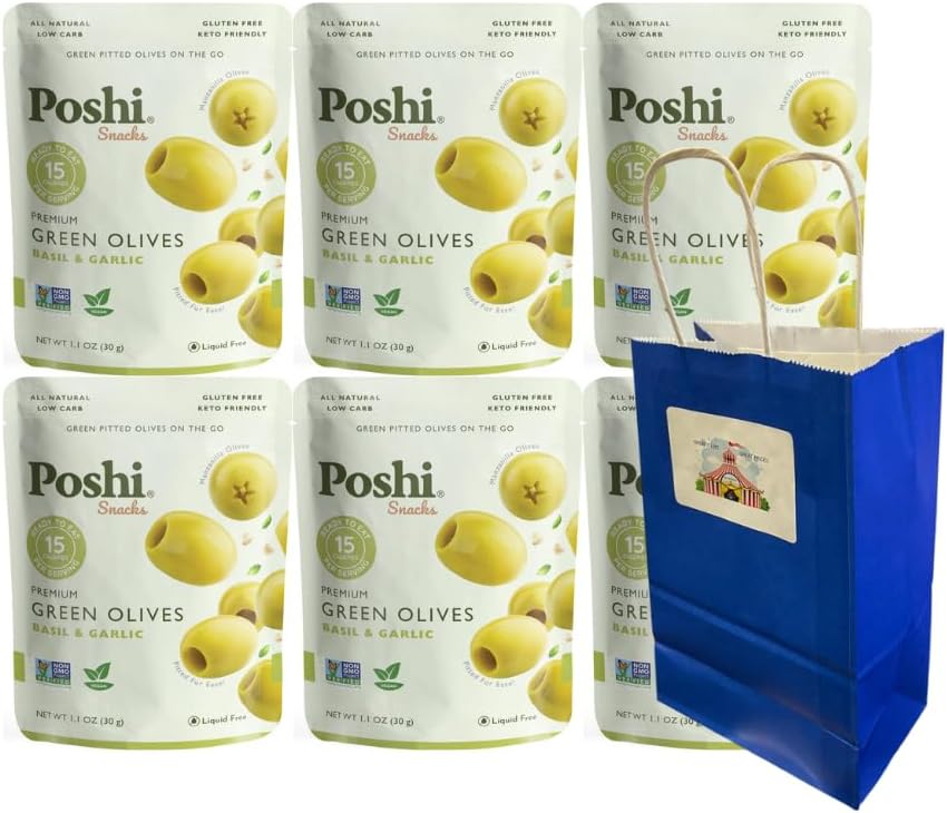 Big Top Deals USA Olive Gift Bag with 6-Pack Green Pitted Olives 1.1oz – Basil & Garlic – Healthy Snack Variety Pack for Travel, Office, Lunches, Charcuterie, Keto Friendly, Gluten Free, Vegan