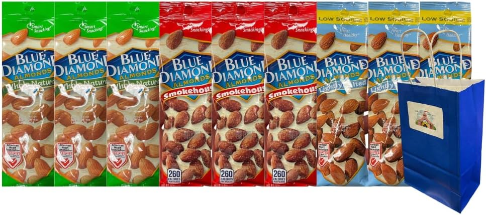 Variety Pack Diamond Almonds 9 Count – 3 Flavors: Smokehouse, Whole Natural, Lightly Salted – 1.5oz Snack Packs – Includes Blue Paper Bag – On-the-Go Nut