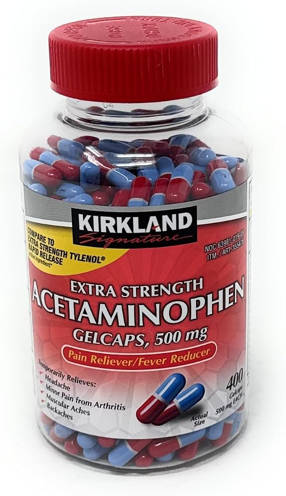 Kirkland Signature Extra Strength Rapid Release Pain Reliever Acetaminophen 500 MG 400 rapid release gelcaps Bottle