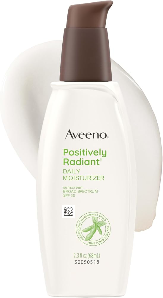 Aveeno Positively Radiant Daily Facial Moisturizer with Total Soy Complex and Broad Spectrum SPF 30 Sunscreen, Oil-Free and Non-Comedogenic, 2.5 fl. oz