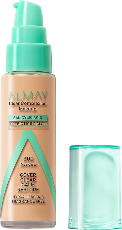 Almay Clear Complexion Acne Foundation Makeup with Salicylic Acid, Medium Coverage, Soft Matte Finish, Hypoallergenic, Cruelty- & Fragrance-Free, Dermatologist Tested, 300 Naked, 1 fl oz