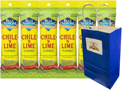 Snack Pack Diamond Almonds Chile 'n Lime 6 Count – 1.5 oz Bags – Spicy Bold Flavor Nuts in 5.25x3.2x8 Blue Gift Paper Bag – Crunchy Protein Snack for Travel, Office