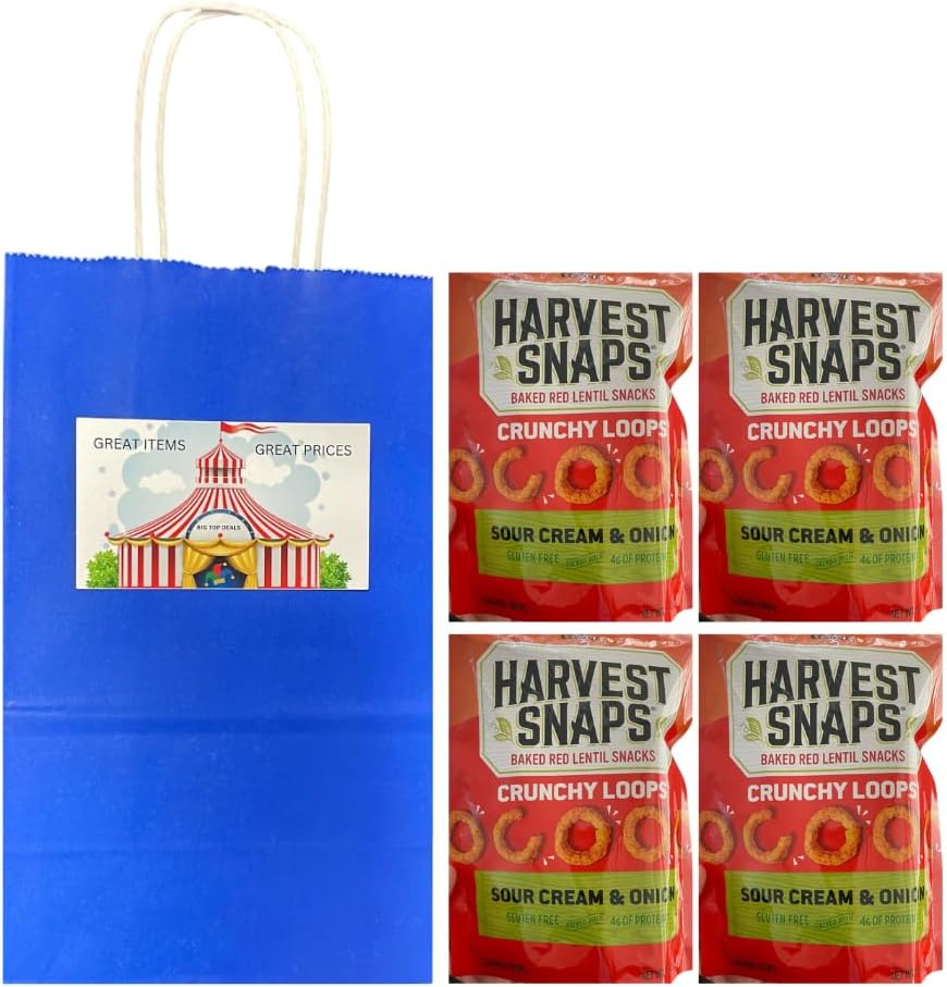 Big Top Deals USA Blue Paper Bag with Harvest Snaps Veggie Chips Crunchy Loops, Sour Cream & Onion, 4-Pack (5.25x3.2x8) – Custom Bundle