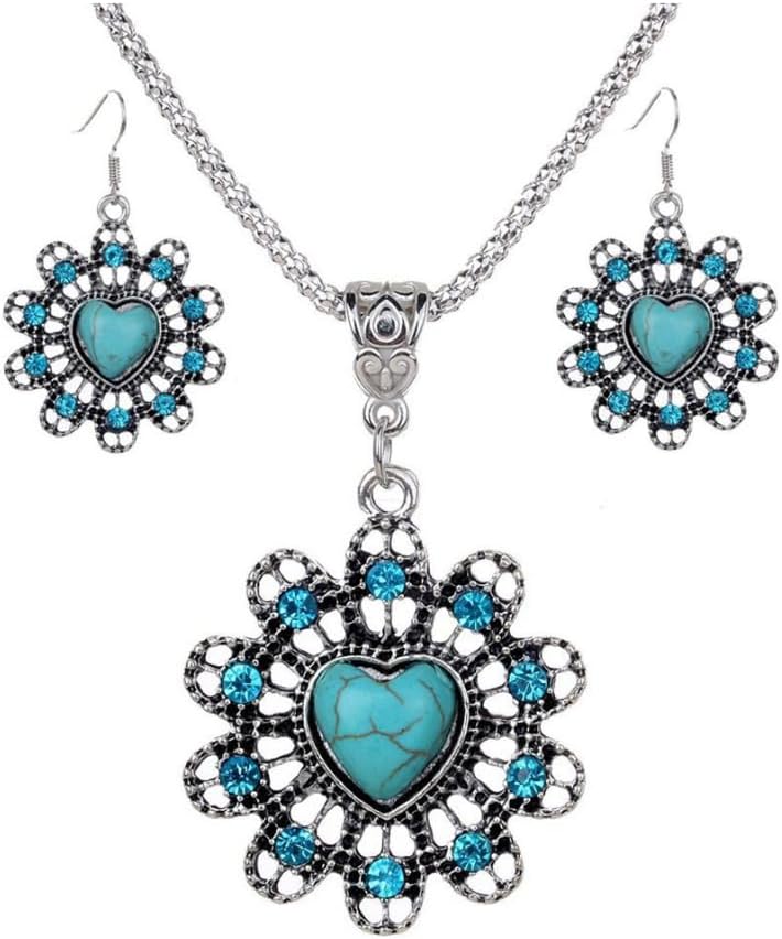 BIG TOP DEALS USA Turquoise Jewelry Flower Heart Pendant Vintage Necklace and Earring Set – Bohemian Western Style, Silver-Tone Metal, Handcrafted Design, Fashion Jewelry for Women
