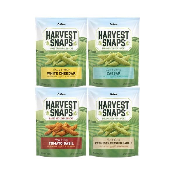 Variety Pack Harvest Snaps Veggie Chips, 4 Flavor (White Cheddar, Tomato Basil, Parmesan Roasted Garlic, Caesar) Crunchy Snack, Gluten-Free, Plant-Based Protein, 4 Pack - Healthy, Delicious Treat