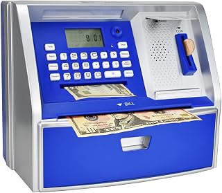 ATM Piggy Bank for Kids, Real Money Savings Bank (Blue/Silver)