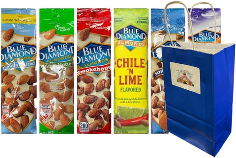 Variety Pack Diamond Almonds 1.5 oz Bags 6-Pack with Blue Paper Gift Bag – Smoked, Seasoned, Roasted, Healthy Snack, Protein-Rich, Gluten-Free, Non-GMO, On-the-Go Nut Assortment