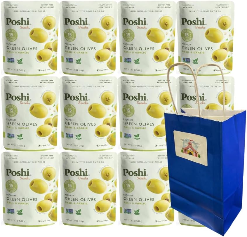Big Top Deals USA Gift Bag with 12-Pack Basil & Garlic Green Pitted Olives 1.1oz – Healthy Low Calorie Snack – Vegan, Keto, Gluten Free, Mediterranean Flavor – Travel, Lunchbox & Gifting