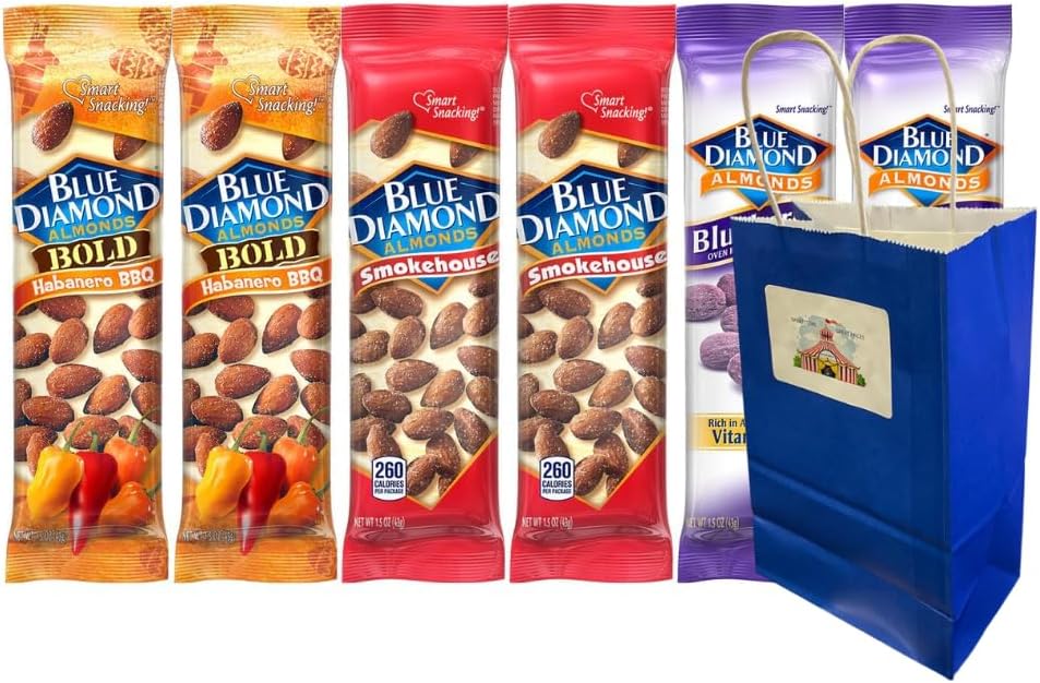Variety Pack Diamond Almonds – 6 Count with 2 Each of Habanero BBQ, Smokehouse & Blueberry Flavors – 1.5 oz Protein Snack Packs with Blue Gift Bag – Gluten-Free Healthy Almond Snacks