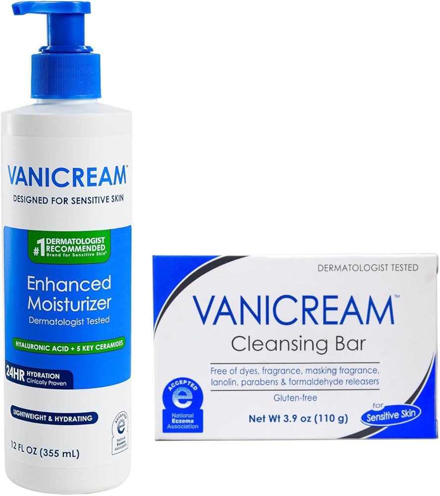 Vanicream Sensitive Skin Care Set, Enhanced Moisturizer with Hyaluronic Acid and Ceramides 12 fl oz plus Cleansing Bar 3.9 oz, Dermatologist Tested Gentle Skin Care Bundle