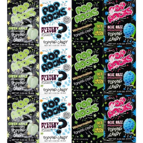 Variety Pack Pop Rocks Popping Candy, 12 Pack, 0.33 oz Each, Green Apple, Mystery Flavor, Watermelon and Blue Razz, Individually Wrapped - Personal Care