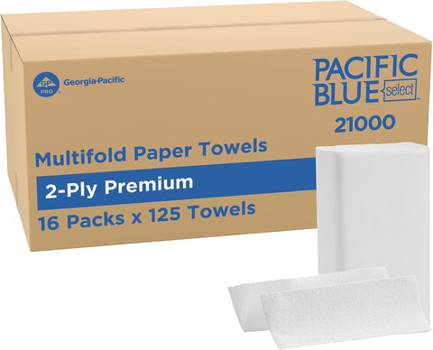 Pacific Blue Select by Georgia-Pacific PRO Multifold Premium 2-Ply Paper Towels, White, 3.2” Folded Width, 125 Towels Per Pack, 16 Packs Per Case, 21000