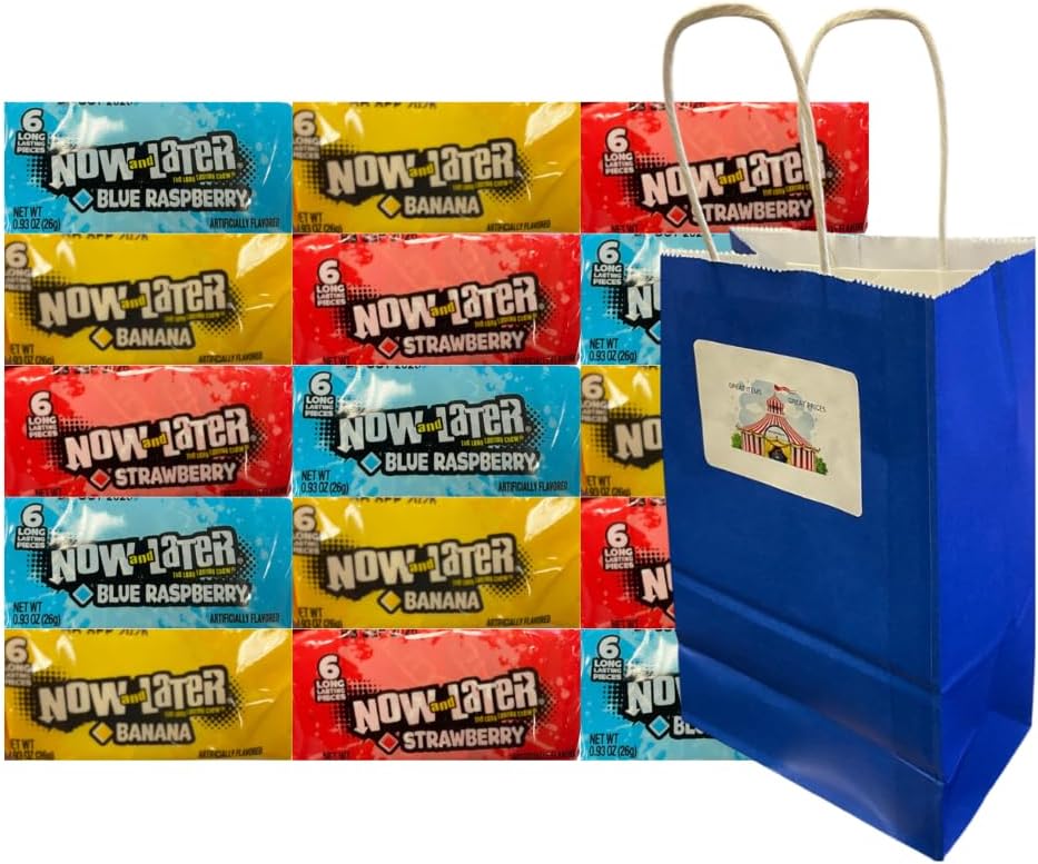 Variety Pack Now and Later Candy – 15 Individually Wrapped Pieces – Blue Raspberry, Banana, Strawberry – 0.93 oz Each – Includes Blue Paper Gift Bag 5.25x3.2x8 Inch – Party Favors, Bulk Treats