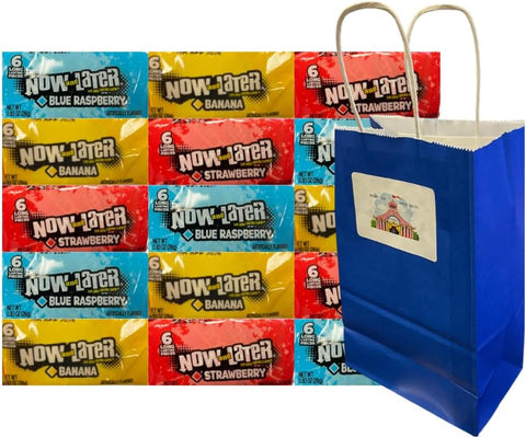 Variety Pack Now and Later Candy – 15 Individually Wrapped Pieces – Blue Raspberry, Banana, Strawberry – 0.93 oz Each – Includes Blue Paper Gift Bag 5.25x3.2x8 Inch – Party Favors, Bulk Treats
