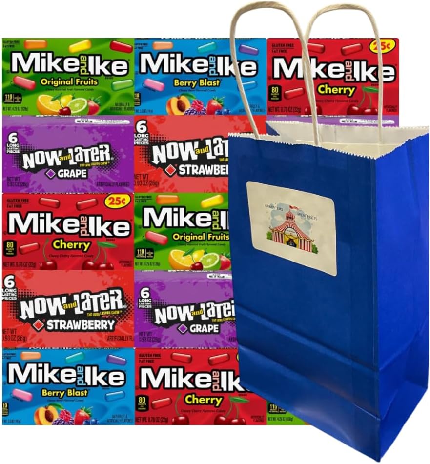 Assorted Candy Mix Variety Pack - 15 Count - 3 Each Flavor: Cherry, Grape, Original Fruits, Strawberry, Berry Blast - Mike and Ike & Now and Later - Individually Wrapped, Blue Paper Bag 5.25x3.2x8 Inch