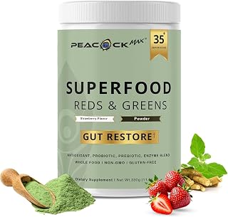 Superfood Reds & Greens Powder - 11.64 oz, Prebiotics & Probiotics for Digestive Health, Super Greens Powder with Ashwagandha for Gut Health, Immunity, Antioxidants, Strawberry Flavor, Vegan, Non-GMO