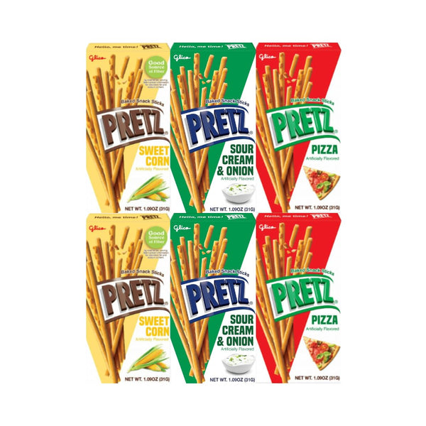 Variety Pack Sweet Corn Baked Snack Sticks Pretz - Sweet Corn, Pizza, Sour Cream & Onion, 3 Savory Flavors, 1.09 oz Each, 2 Packs of Each Flavor, 6-Pack Total, Tasty Crunchy Snack for On-the-Go & Parties