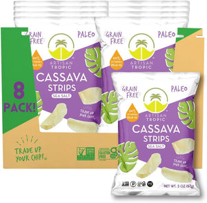 ARTISAN TROPIC Cassava Strips Sea Salt - 8 Pack, 2oz - Vegan, Paleo, Gluten Free Chips – Non-GMO Healthy Snack Potato Chip Alternative for Lunches, Dipping, Parties - Baked Cassava Flour Chips
